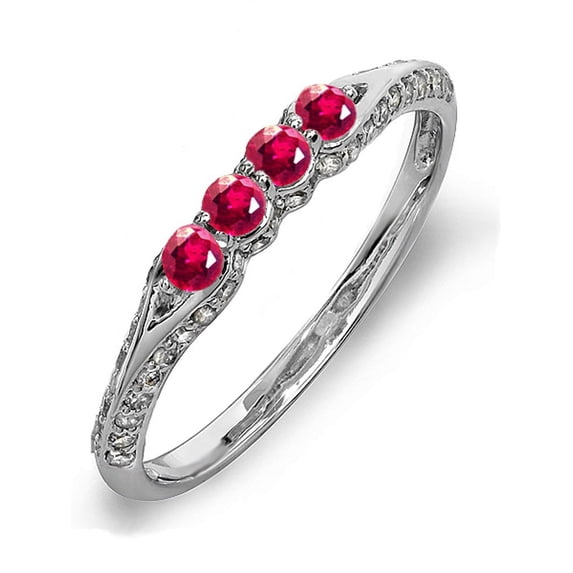14k White Gold Round Ruby And White Diamond Ladies Anniversary Wedding Band Stackable Ring