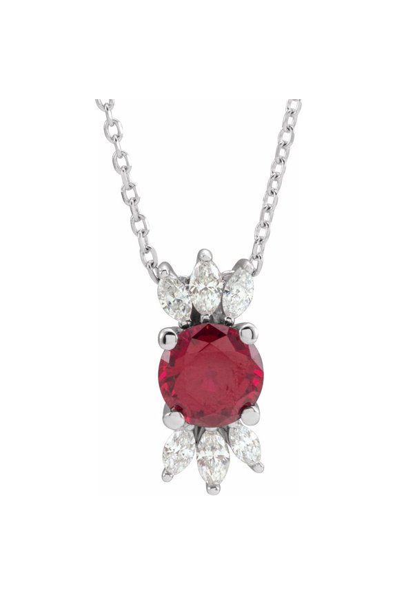 14k White Gold Round Shape Lab-Grown Ruby and 1/4 cttw Diamond Necklace Fine Jewelry for Women Gifts for Her (14.8x6.4mm, G-I, I1), 16-18"