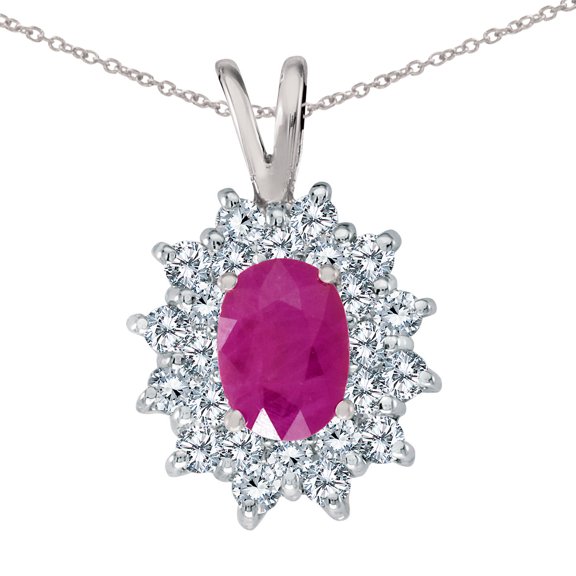 14k White Gold Ruby Oval Pendant with Diamonds and 18" Chain