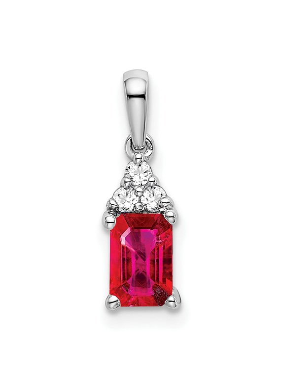 14k White Gold Ruby Pendant Necklace for Women with Emerald Cut Red Gemstone and White Accents, Triangle Cluster Fine Jewelry Charm, Romantic Birthstone Symbol of Love and Passion