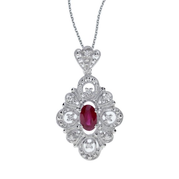 14k White Gold Ruby and .08 ct Diamond Pendant with 18" Chain