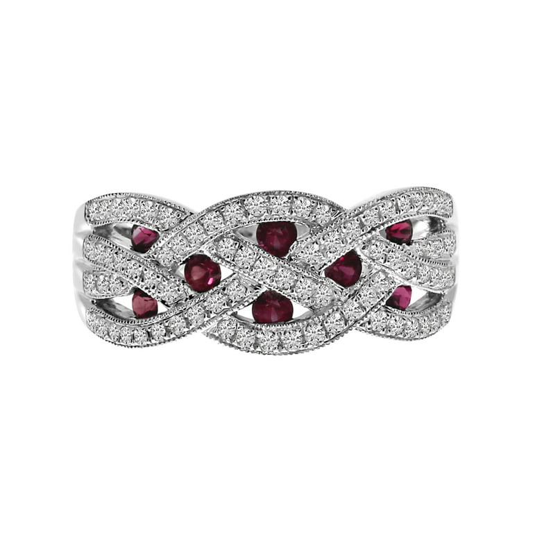 14k White Gold Ruby and Diamond Braided Wide Band