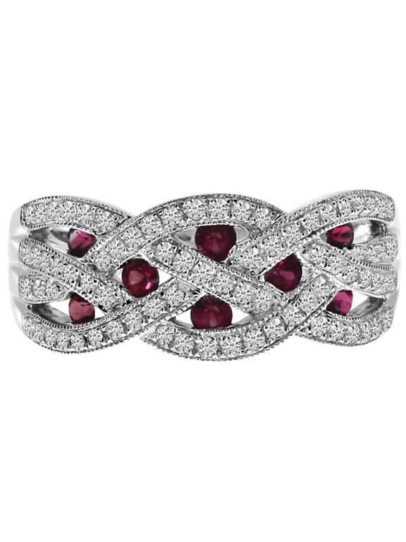 14k White Gold Ruby and Diamond Braided Wide Band