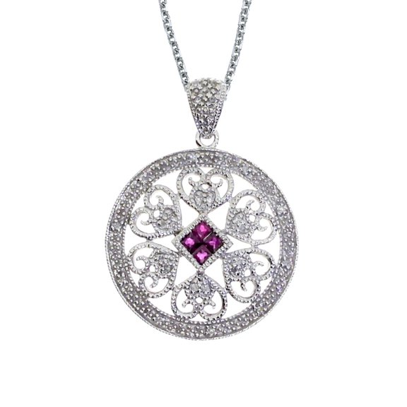14k White Gold Ruby and Diamond Filigree Disc Pendant with 18" Chain