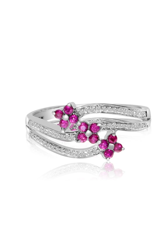 14k White Gold Ruby and Diamond Flower Ring
