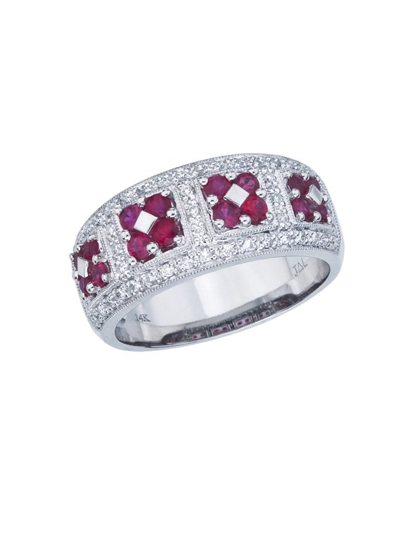 14k White Gold Ruby and Diamond Wide Fashion Band