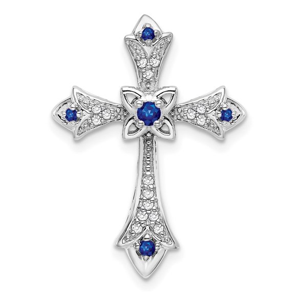 14k White Gold Sapphire  Diamond Fleur de Lis Cross Chain Slide