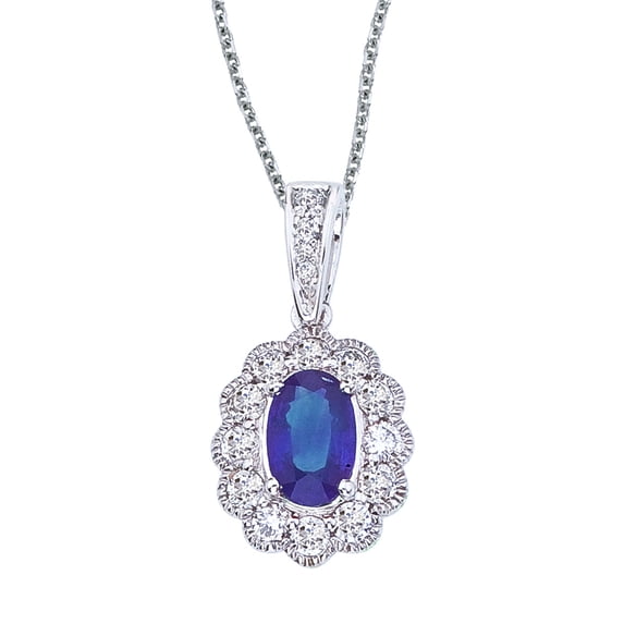14k White Gold Sapphire and Diamond Oval Pendant