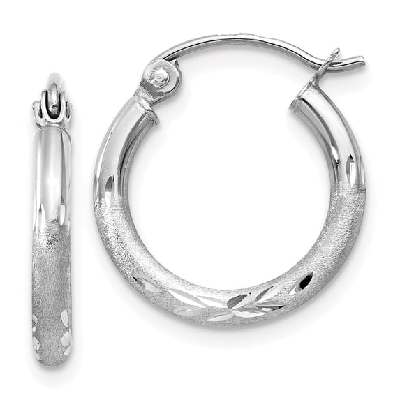 14k White Gold Satin & Diamond-cut 2mm Round Hoop Earrings