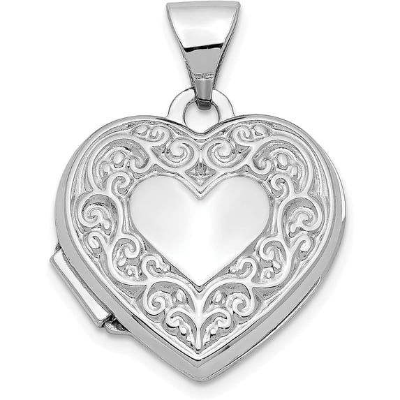 14k White Gold Scroll Pattern Heart Locket - 21mm