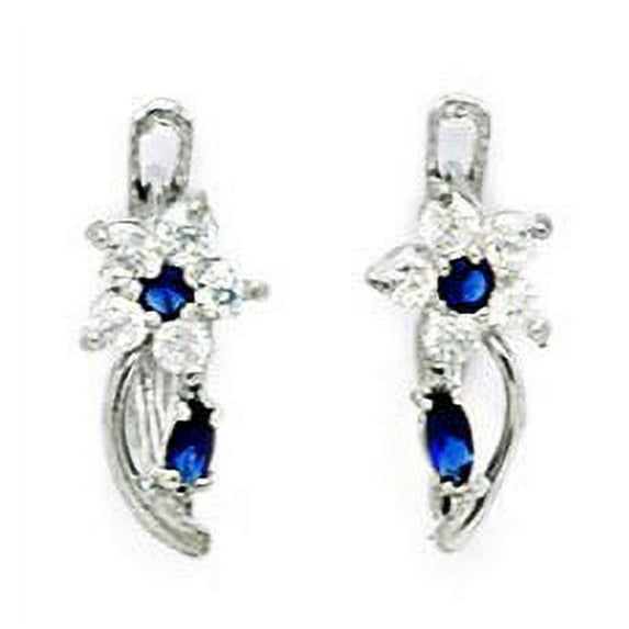 14k White Gold September Blue CZ Flower Leaf Leverback Earrings - Measures 13x5mm