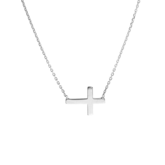 14k White Gold Side-ways Adjustable Mini Religious Faith Cross Necklace Sparkle-Cut Cable 18 Inch Pendant Necklace for W