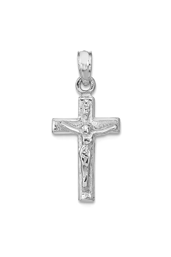 14k White Gold Small Crucifix Block Religious Faith Cross Pendant Necklace High Polish 22x10mm Wide Pendant for Women