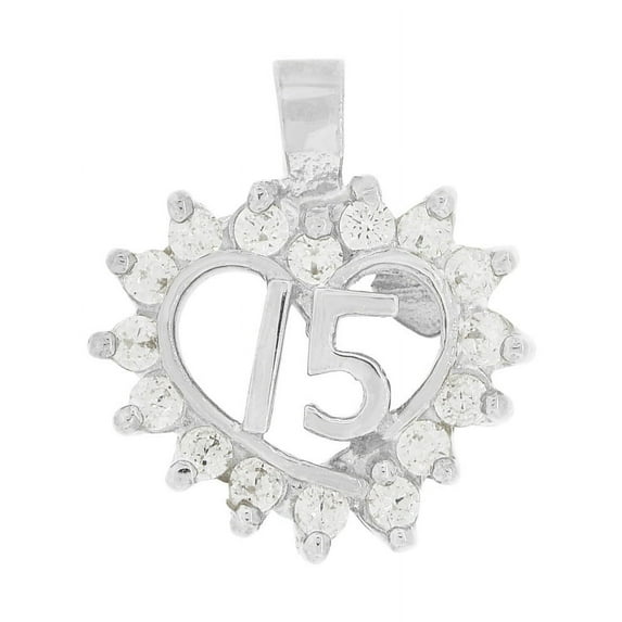 14k White Gold, Small Heart 15 Anos Quinceanera Pendant Charm Brilliant Created CZ Crystals 14mm