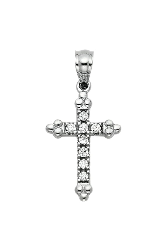 14k White Gold Small/Mini Religious CZ Cross Charm Pendant (16mm x 11mm)