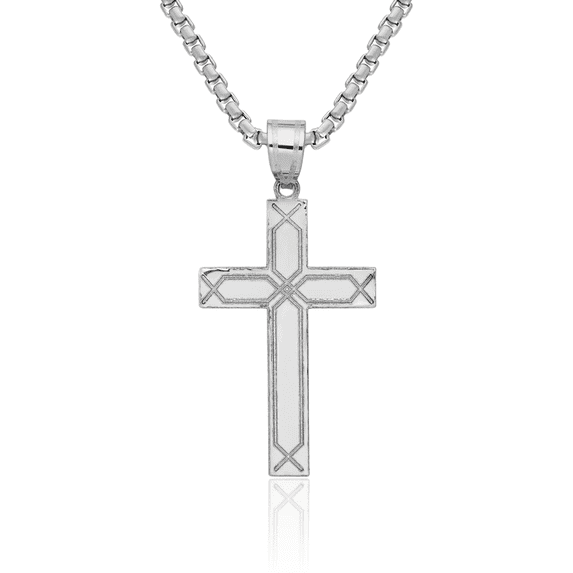 14K Solid White Gold Latin Mexican Holy Cross Necklace Religious Chain Pendant Jesus Christ Charm