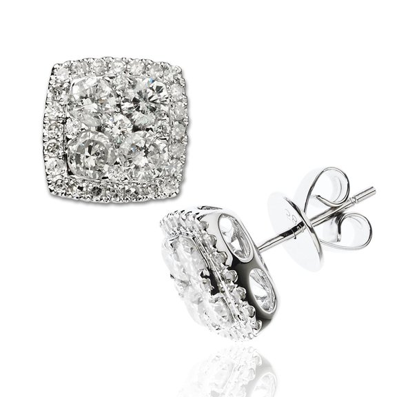 14k White Gold Square Cluster Diamond Stud Earring 1.82 Ct Diamonds H-I Color I1-I2 Clarity
