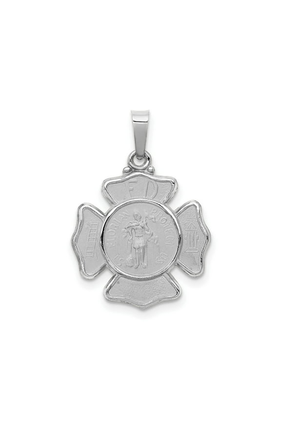 14k White Gold St. Florian Firefighter Pendant for Men or Unisex with FD Maltese Cross, Catholic Medal for Protection, Bravery, and Faith, Christian Religious Jewelry Necklace Charm