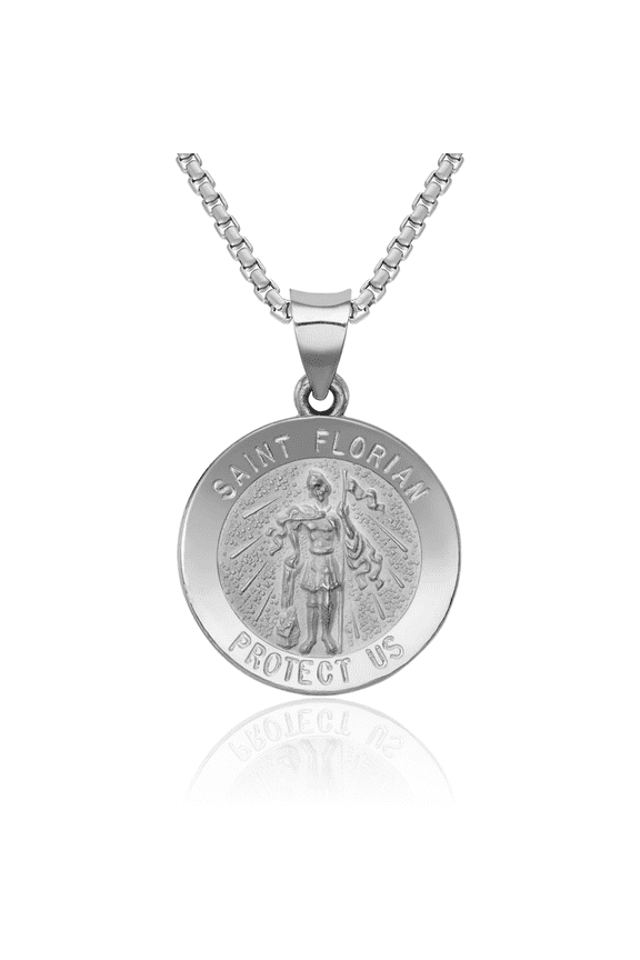 14K Solid White Gold Saint Florian Medal Necklace Chain Pendant Charm