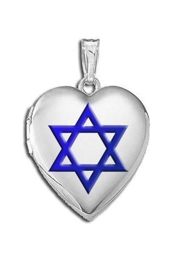 14k White Gold "Star of David" W/ Blue Enamel Sweetheart Locket 3/4 Inch X 3/4 Inch in Solid 14K White Gold