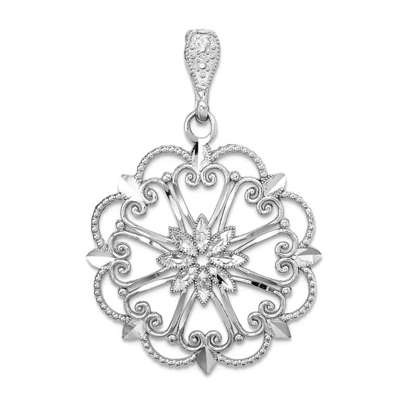 14k White Gold Starbust With Love Heart Pendant Necklace and Sparkle-Cut Beaded Scallop Edge 30.3x24.3mm Wide Pendant fo