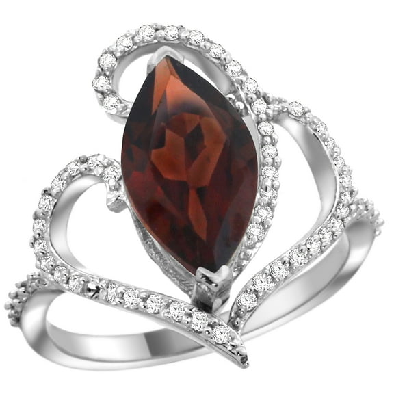 14k White Gold Stone Garnet Ring Marquise 14x7mm Diamond Accents, size 6.5