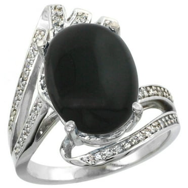 14k White Gold Stone Natural Black Onyx Bypass Ring Diamond Accents Oval 14x10mm, size 5.5
