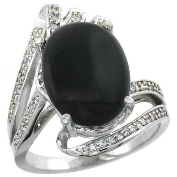14k White Gold Stone Natural Black Onyx Bypass Ring Diamond Accents Oval 14x10mm, size 5.5
