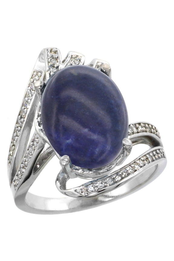 14k White Gold Stone Natural Lapis Bypass Ring Diamond Accents Oval 14x10mm, size 9