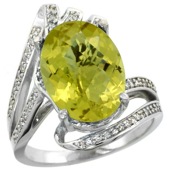 14k White Gold Stone Natural Lemon Quartz Bypass Ring Diamond Accents Oval 14x10mm, size 5