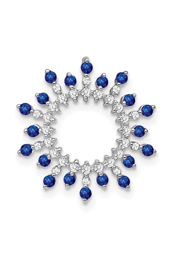 14k White Gold Sunburst Pendant for Women with Blue and White Gemstones, Radiant Circle Design, Celestial Spiritual Jewelry for Fine Fashion or Necklace Customization
