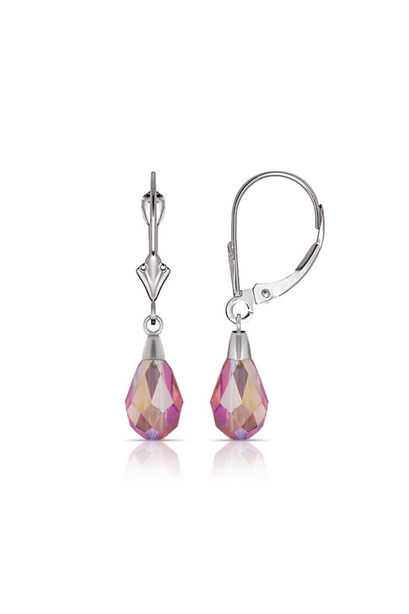 14k White Gold Tear-Crystal Leverback Earrings (6mm X 28mm) (17 Colors) (light-pink/White Gold) Stud Earring for Women