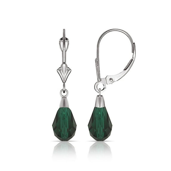 14k White Gold Tear Crystal Leverback Earrings (6mm X 28mm) (17 Colors) (teal green/White Gold) Stud Earring for Women