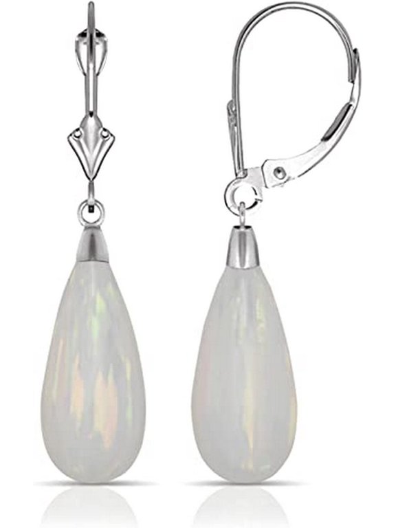 14k White Gold Tear-drop Simulated Fire Opal Dangle Leverback Earrings (8mmx40mm) (fiery-white) Dangle Earring for Women