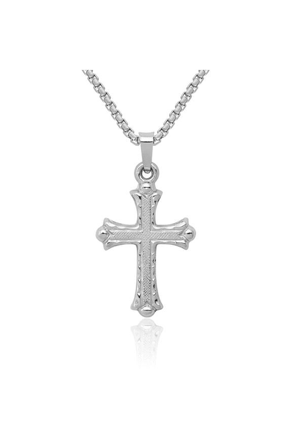 14K Solid White Gold French Fleur De Lis Lily Flower Holy Cross Necklace Religious Chain Pendant Jesus Christ Charm
