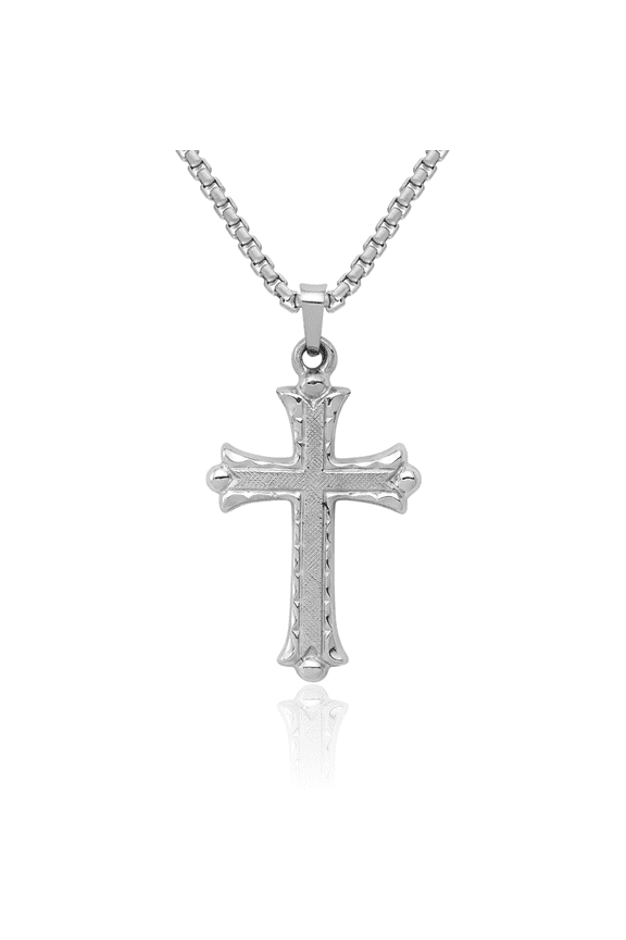 14K Solid White Gold French Fleur De Lis Lily Flower Holy Cross Necklace Religious Chain Pendant Jesus Christ Charm