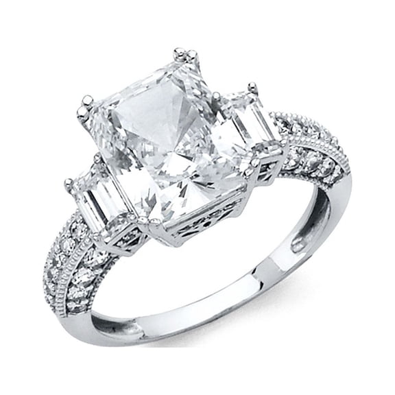 14k White Gold Three Stone Emerald CZ Engagement Ring Anniversary Vintage Style Big CZ Band, Size 7