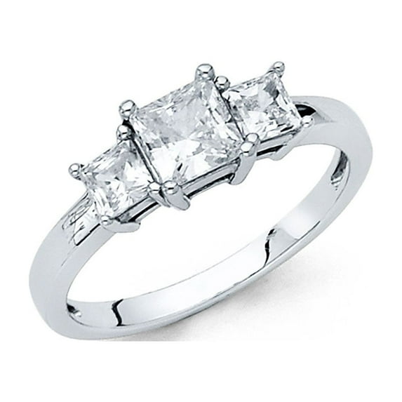 14k White Gold Three Stone Princess CZ Engagement Ring Anniversary 3 Square CZ Solitaire Band Size 8