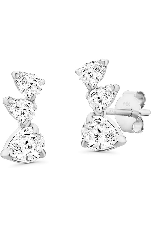 14k Gold Curved Climber Stud Earrings with 3 Cubic Zirconia Stones
