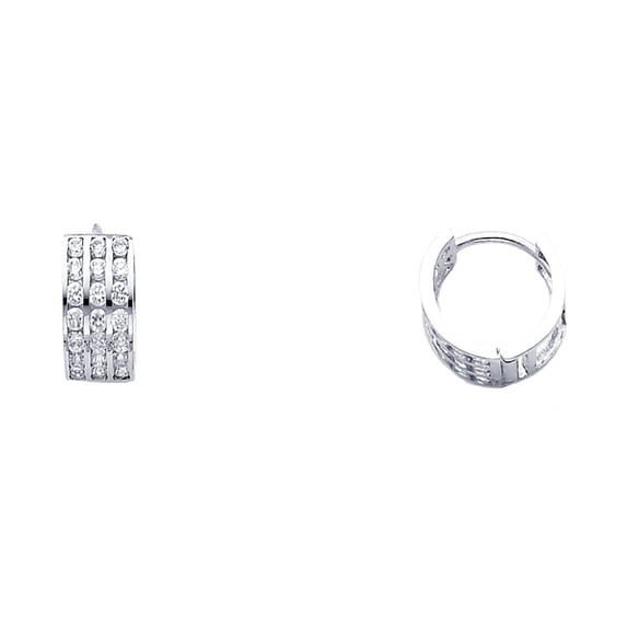 14k White Gold Triple Studded Hoop Huggie Modern Earrings Jewelry Female Unisex