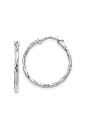 14k White Gold Twisted Hoop Earrings, Polished Hinged Back, 19mm, for Women