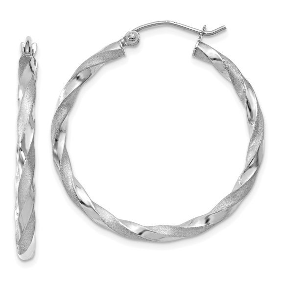 14k White Gold Twisted Hoop Earrings for Women, Medium Size Brushed and Polished Finish, Lightweight Modern Fashion Jewelry for Everyday or Dressy Wear