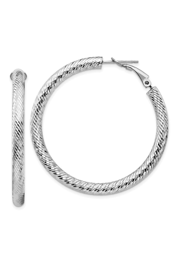 14k White Gold Twisted Hoop Earrings for Women, Diamond Cut Round Design with Hinged Snap Back, Lightweight Fine Jewelry for Everyday or Formal Wear