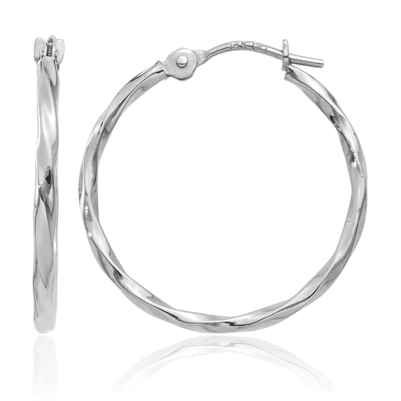 14K Solid White Gold Twisted Round Small Hoop Earrings