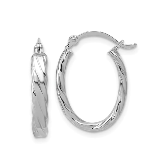 14k White Gold Twisted Oval Hoop Earrings for Women, Polished Textured Lightweight Fashion Jewelry, Classic Modern Style for Everyday Wear or Special Occasions