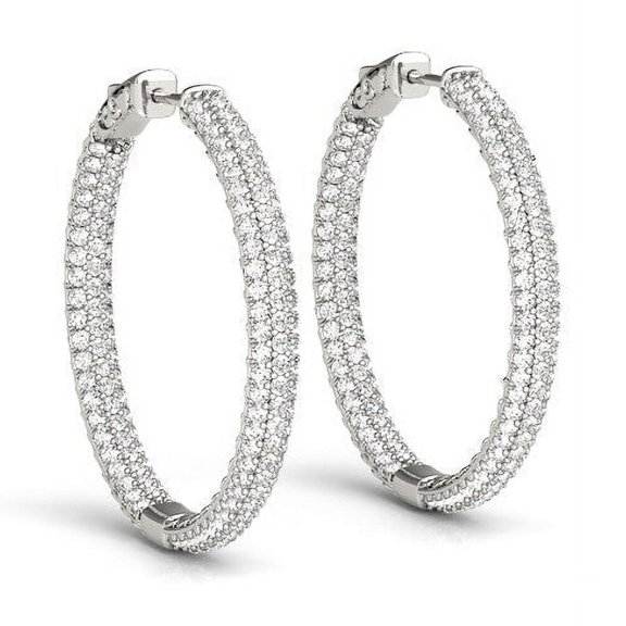 14k White Gold Two Row Pave Set Diamond Hoop Earrings (7 cttw)