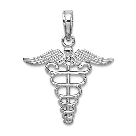 14k White Gold White Caduceus Charm Textured 19x19mm Wide Pendant Necklace for Women - .8 Grams