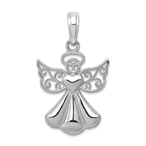14k White Gold White Religious Guardian Angel With Filigree Wings Holding a Love Heart Pendant Necklace High Polish 20mm