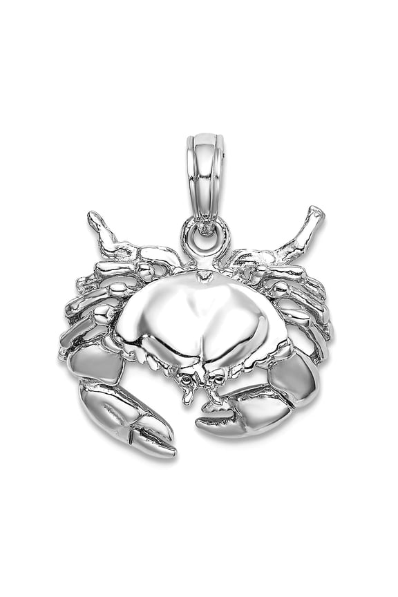 14k White Gold White Stone Crab Facing Down 2-d / High Polish Charm 15.6x17.1mm Wide 5.7mm Thick Pendant Necklace for Wo
