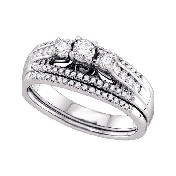 14k White Gold Womens Round 3-stone Diamond Wedding Bridal Engagement Ring Band Set 1/2 Cttw